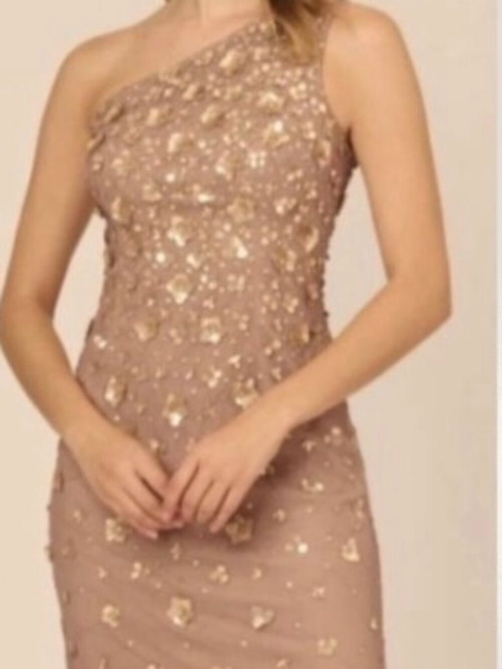 NWT Adrianna Papell Beaded One Shoulder Gown in Stone/Taupe. Size 10 - Picture 3 of 16